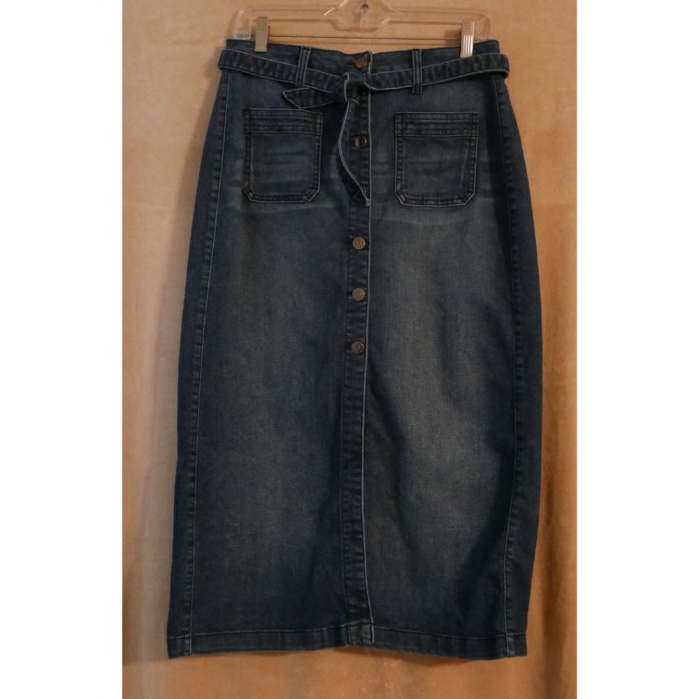 Cello Denim Button Front Tie Waist Pencil Maxi Skirt